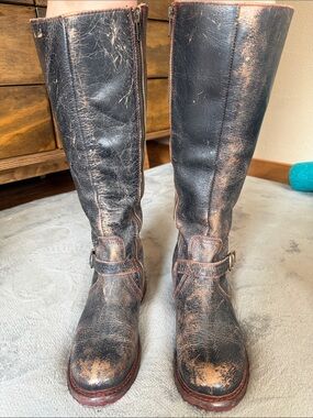 BED|STU Black Distressed Leather Knee-High Boots
